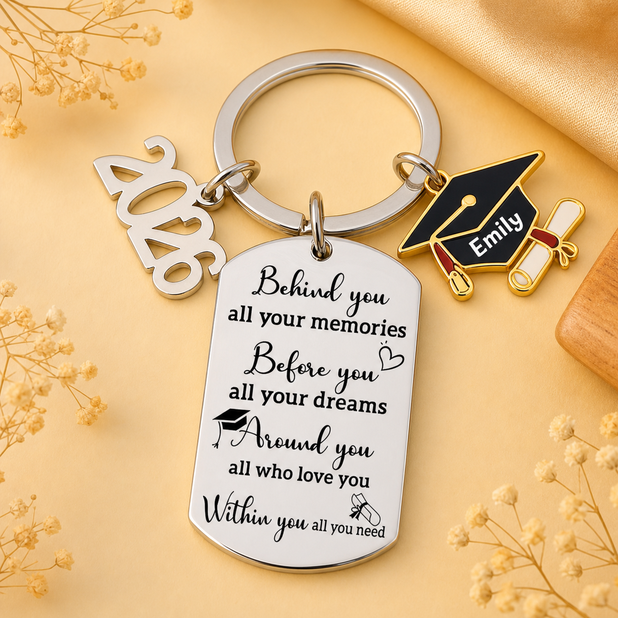 Memories Behind, Dreams Ahead, Love All Around - Family Personalized Custom Engraved Graduation Keychain - Graduation Gift For Family Members, Siblings, Brothers, Sisters