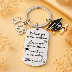 Memories Behind, Dreams Ahead, Love All Around - Family Personalized Custom Engraved Graduation Keychain - Graduation Gift For Family Members, Siblings, Brothers, Sisters