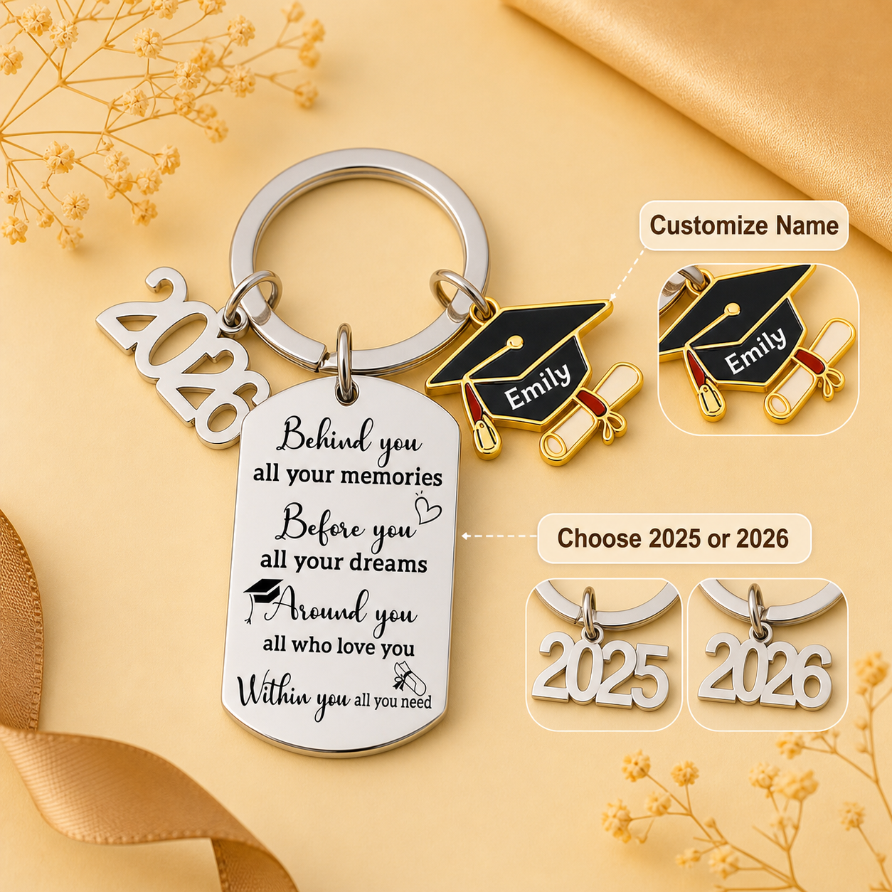 Memories Behind, Dreams Ahead, Love All Around - Family Personalized Custom Engraved Graduation Keychain - Graduation Gift For Family Members, Siblings, Brothers, Sisters