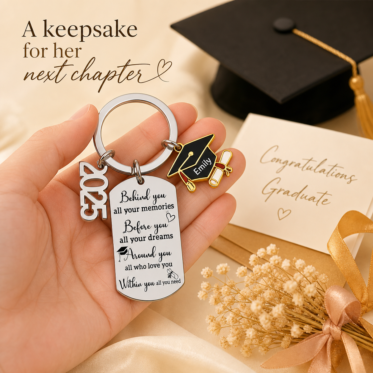 Memories Behind, Dreams Ahead, Love All Around - Family Personalized Custom Engraved Graduation Keychain - Graduation Gift For Family Members, Siblings, Brothers, Sisters