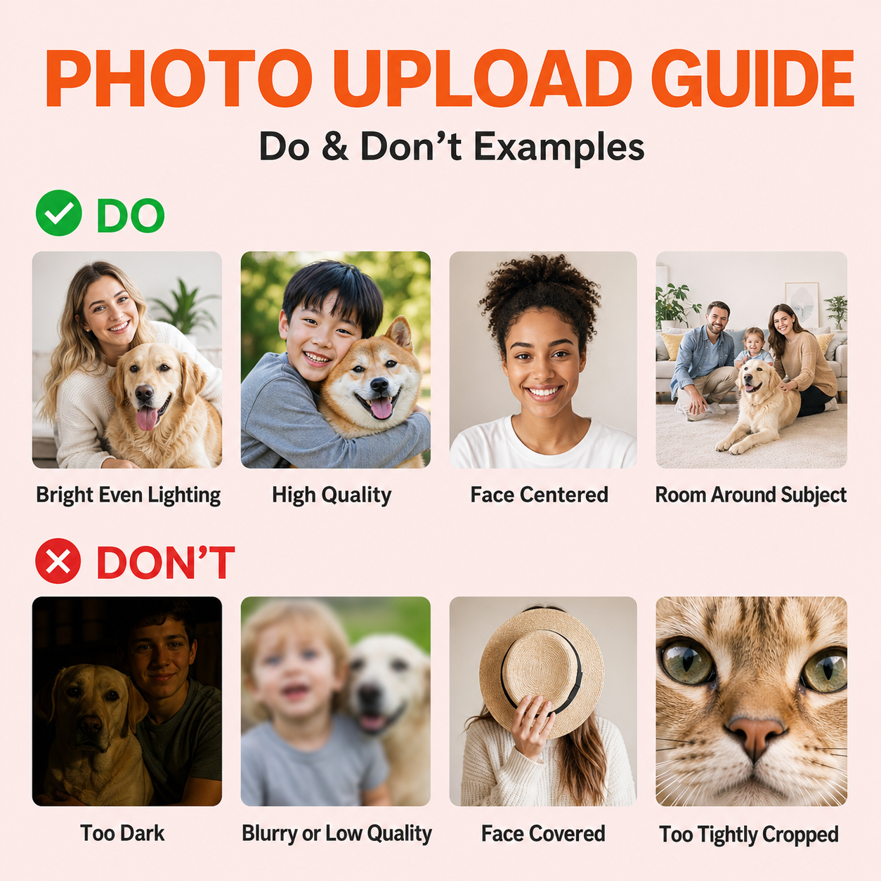 Photo upload guide for custom royal pet portrait poster