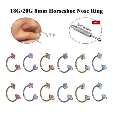 20G(0.8mm)/18G(1.0mm) 8mm Horseshoe Nose Hoop Internally Threaded Gems Nose Ring with Free Ball Holder