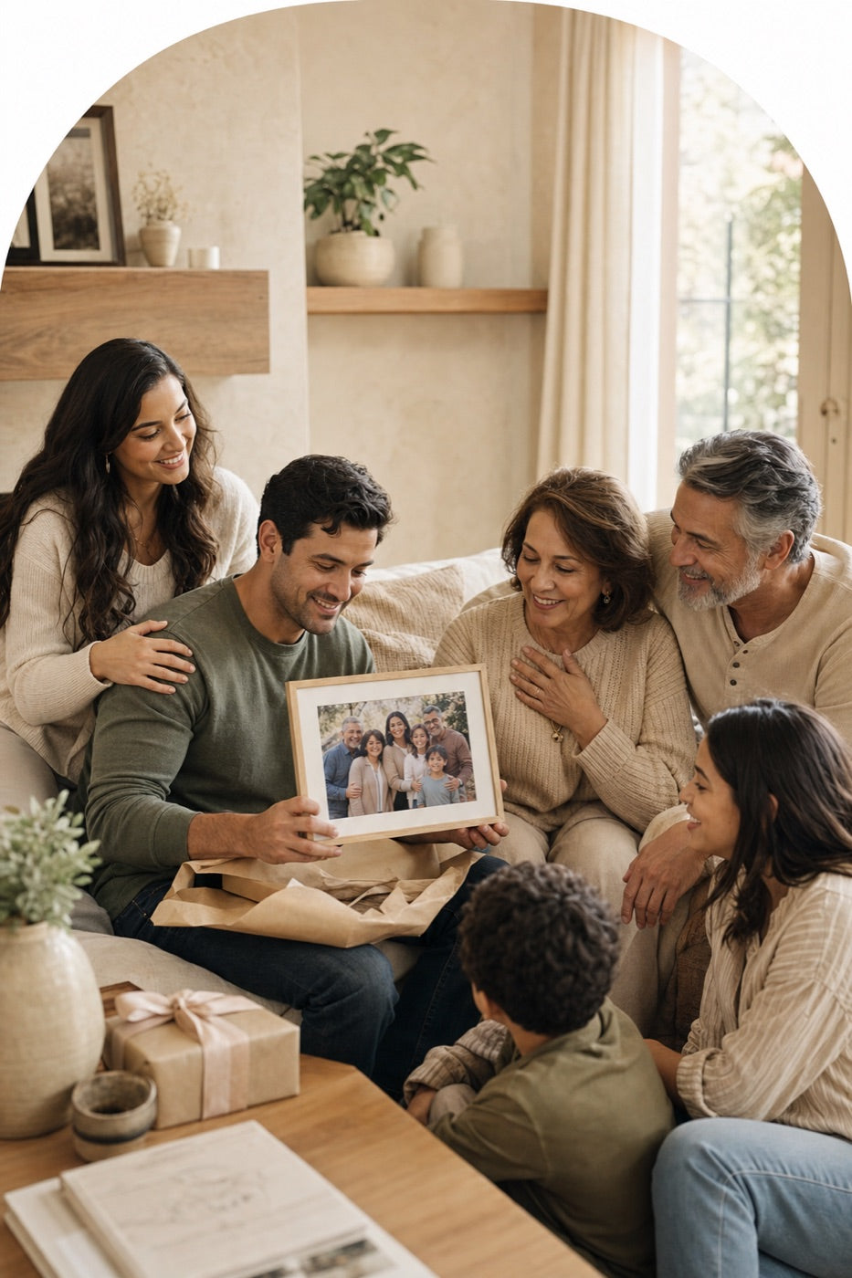 A family sharing a personalized photo gift