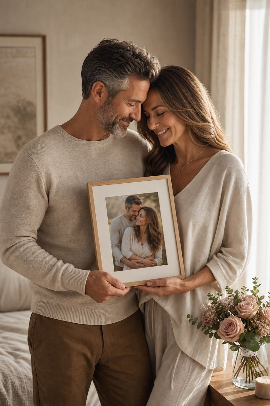 Couple holding a personalized framed photo